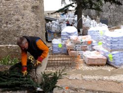 Jean-Paul découpe une grosse branche tombée à terre.