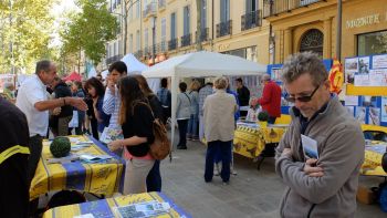 Les 4 tables recouvertes de nappes à fond jaune permettent d'identifier nos 4 stands en vis à vis, Merci Monique  !