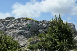 sur un rocher bordant la crête, signalisation de la descente par le sentier des Plaideurs