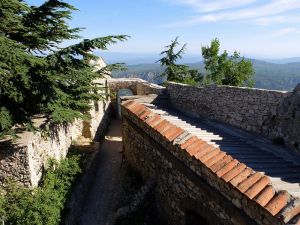 Vue plongeante sur la toiture partielle du cloître et l'accès au balcon du Prieur