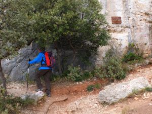 Le départ du sentier marron se situe à gauche de l'embranchement avec le sentier rouge qui mène à la chapelle